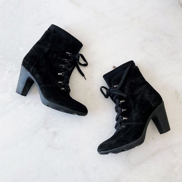 Aquatalia waterproof black boot lace up side zip ankle boots rubber soles, heels - Picture 1 of 10